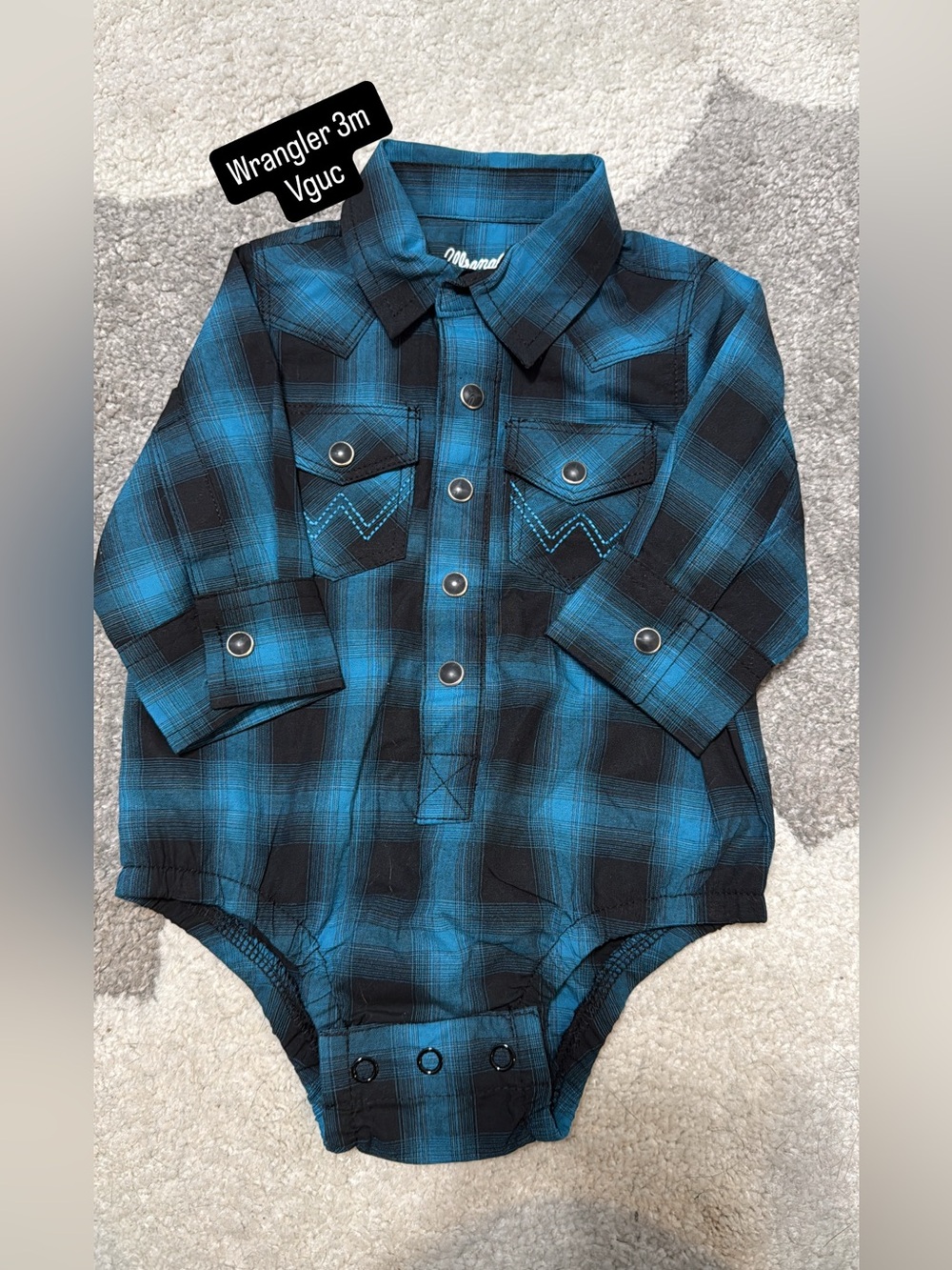 Wrangler Blue and Black Plaid Long-Sleeve Baby One-Piece